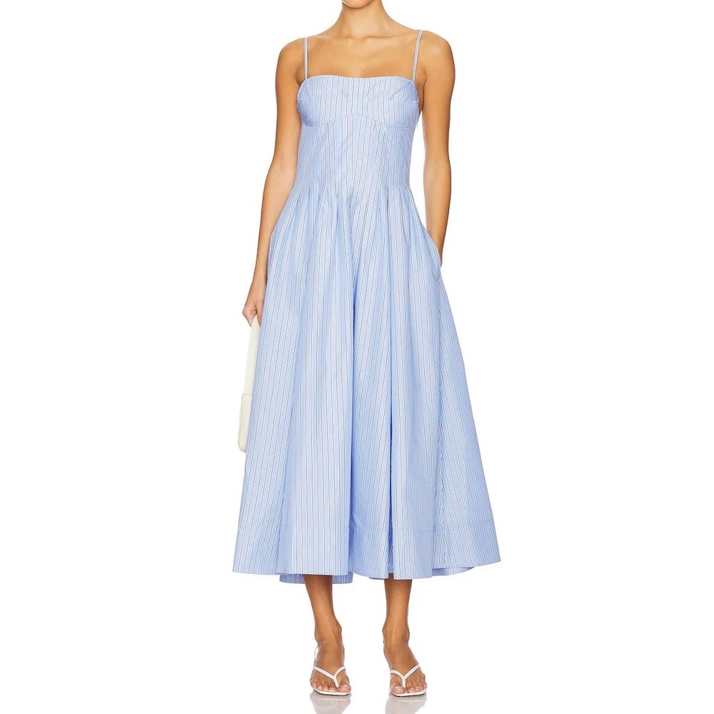 SIMKHAI Blue Stripe Midi Dress Adjustable Straps Square Neck Side Pockets size14